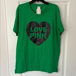 PINK Victoria's Secret Green Short Sleeve Tee with Heart Graphic
